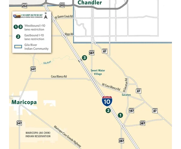 I-10 Wild Horse Pass Corridor Overnight Lane Restrictions March 1-7, 2026