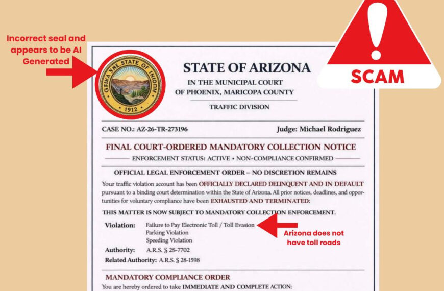 Arizona Officials Warn: Fake Texts and Fraudulent Notices Falsely Claim Unpaid Tickets or Court Orders