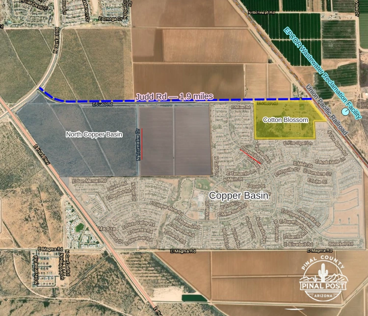 Closeup aerial map showing the Cotton Blossom site the existing Copper Basin community to the south with Prospector Lane the incoming North Copper Basin development to the west with planned North Tourmaline Lane and state-owned farmland to the north