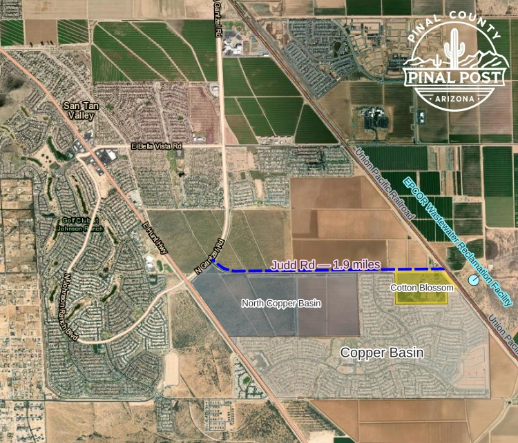 Aerial map of the Koepnick Property in San Tan Valley marketed as Cotton Blossom at the east end of Judd Road bordered by the Union Pacific Railroad to the east and Copper Basin to the south and west