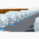 Draft rendering of rows of white ESS iron flow battery units with orange storage tanks at a Copper Crossing battery storage site.