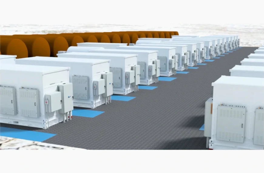 Draft rendering of rows of white ESS iron flow battery units with orange storage tanks at a Copper Crossing battery storage site.
