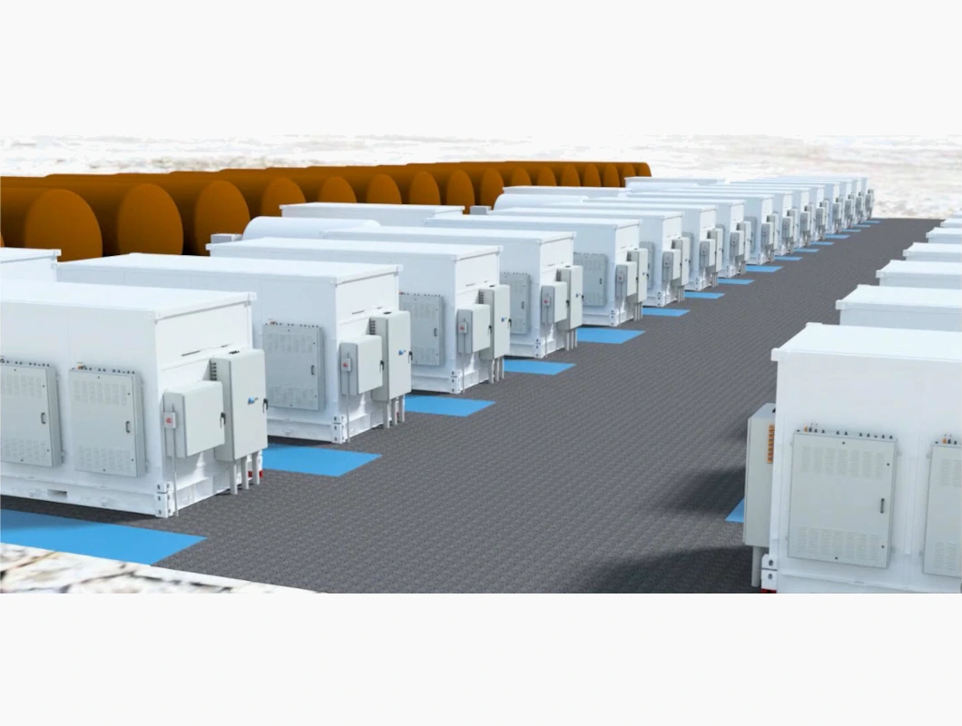 Draft rendering of rows of white ESS iron flow battery units with orange storage tanks at a Copper Crossing battery storage site.