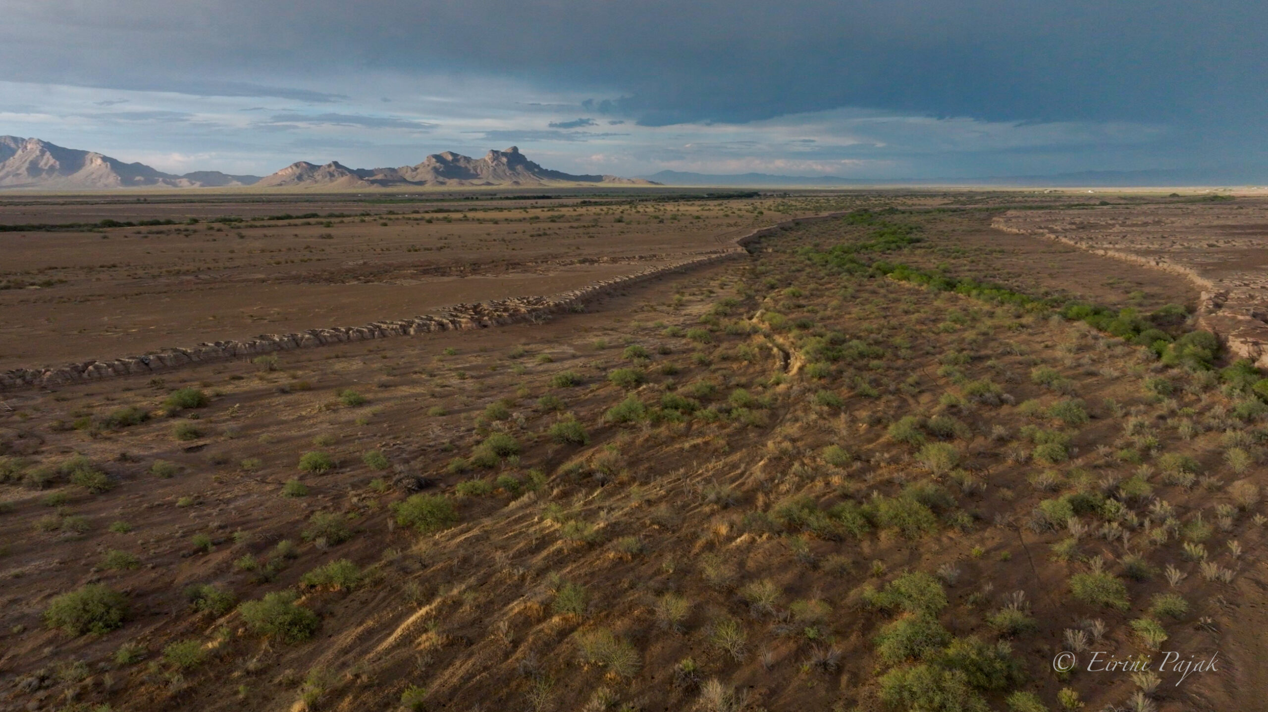 High aerial view of branching, vein-like erosion channels spreading across vast desert flats, mountains on the horizon and storm clouds overhead.