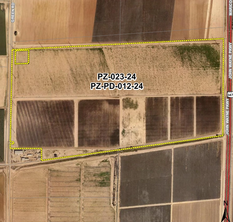 Aerial map with a yellow outline around the boundaries of McLean Ranch south of Maricopa with W Teel Road forming the southern property boundary