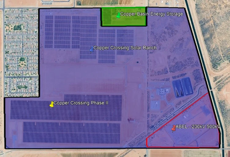 Aerial map showing the Copper Basin Energy Storage site outlined in green at the top of the frame surrounded on three sides by SRPs Copper Crossing Energy and Research Center in purple with the Abel Substation outlined in red to the southeast and a residential subdivision visible to the west  Plus Power