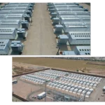 Two photos of Plus Power battery storage facilities. The top photo shows a ground-level view down a corridor between two long rows of white battery cabinets. The bottom photo shows an aerial view of a walled facility with battery cabinets arranged in a grid, a substation in the foreground, and farmland visible beyond the perimeter wall.