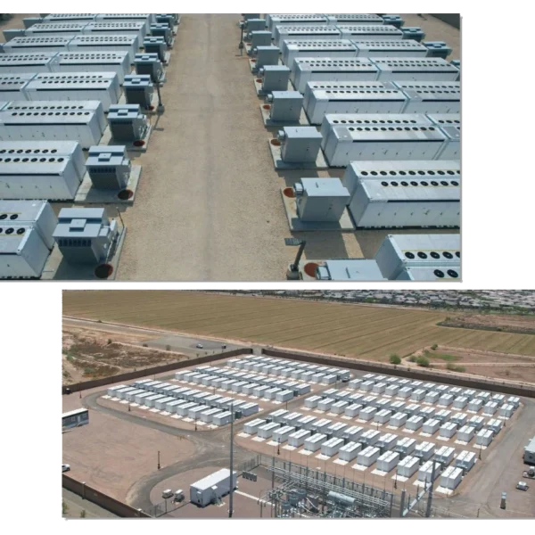Two photos of Plus Power battery storage facilities. The top photo shows a ground-level view down a corridor between two long rows of white battery cabinets. The bottom photo shows an aerial view of a walled facility with battery cabinets arranged in a grid, a substation in the foreground, and farmland visible beyond the perimeter wall.