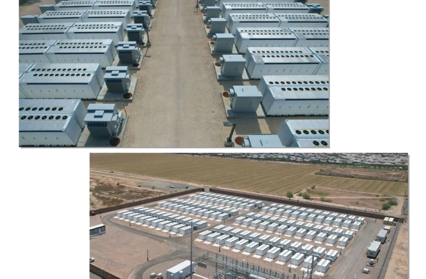 Two photos of Plus Power battery storage facilities. The top photo shows a ground-level view down a corridor between two long rows of white battery cabinets. The bottom photo shows an aerial view of a walled facility with battery cabinets arranged in a grid, a substation in the foreground, and farmland visible beyond the perimeter wall.