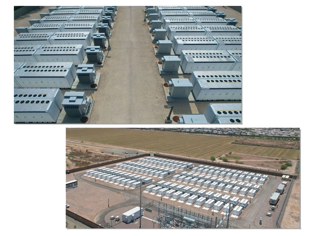 Two photos of Plus Power battery storage facilities. The top photo shows a ground-level view down a corridor between two long rows of white battery cabinets. The bottom photo shows an aerial view of a walled facility with battery cabinets arranged in a grid, a substation in the foreground, and farmland visible beyond the perimeter wall.