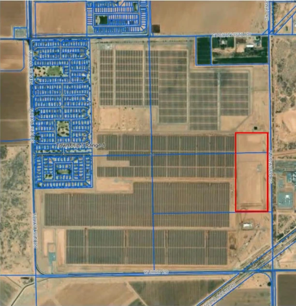 Aerial vicinity map showing a parcel outlined in red along Attaway Road near large solar arrays and a residential subdivision in northern Florence