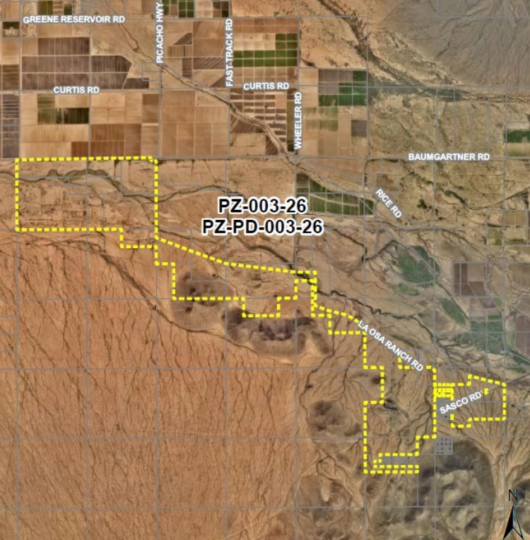 Aerial map of the roughly 3385-acre La Osa data center site in unincorporated Pinal County south of Eloy along the Greene Wash