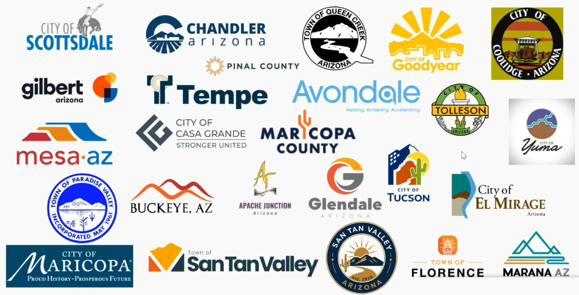 A slide showing the official logos of many Arizona cities and towns with the two proposed San Tan Valley logos placed alongside them for comparison