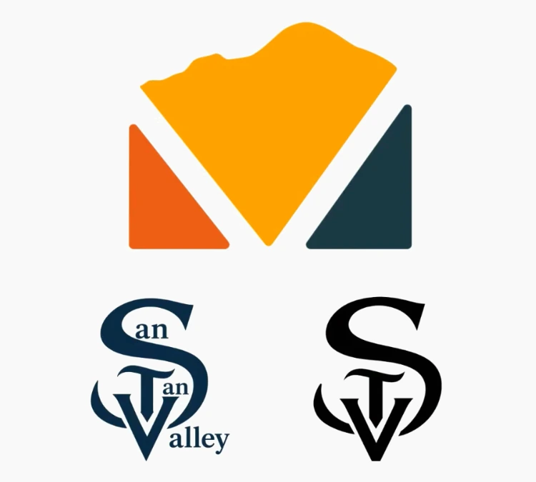 A side-by-side comparison of the two San Tan Valley logo finalists brand marks Package Ones V monogram with Goldmine Mountain silhouette is shown at the top Package Twos stylized SanTanValley wordmark and STV monogram are shown at the bottom