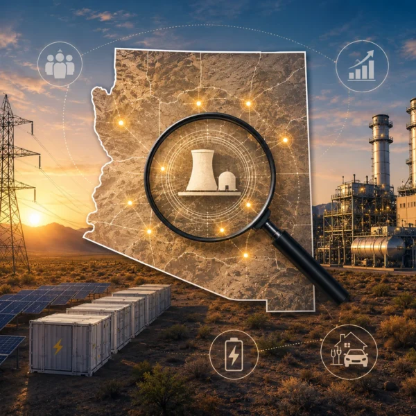 Illustration of the Arizona nuclear plant site search: a magnifying glass over a state map marked with candidate locations, framed by transmission lines, battery storage, solar panels, and a natural gas plant.