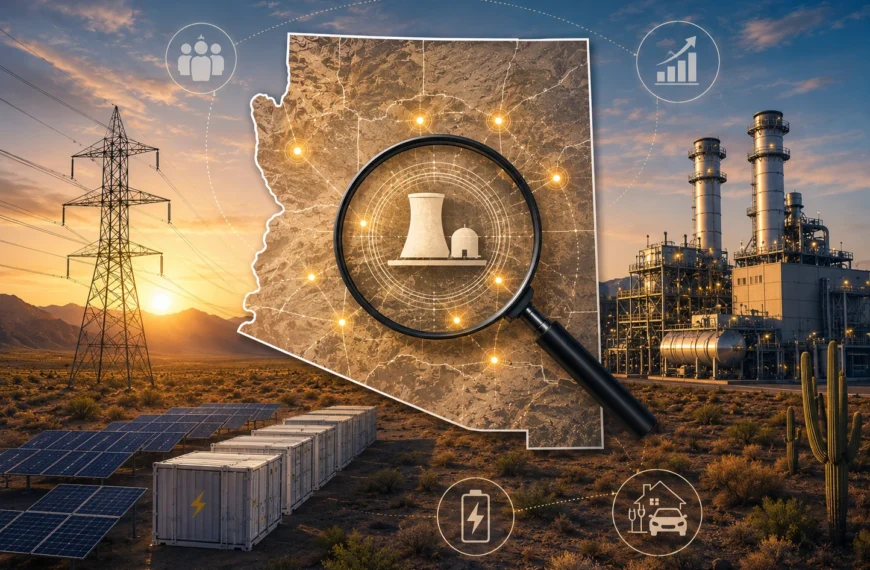 Illustration of the Arizona nuclear plant site search: a magnifying glass over a state map marked with candidate locations, framed by transmission lines, battery storage, solar panels, and a natural gas plant.