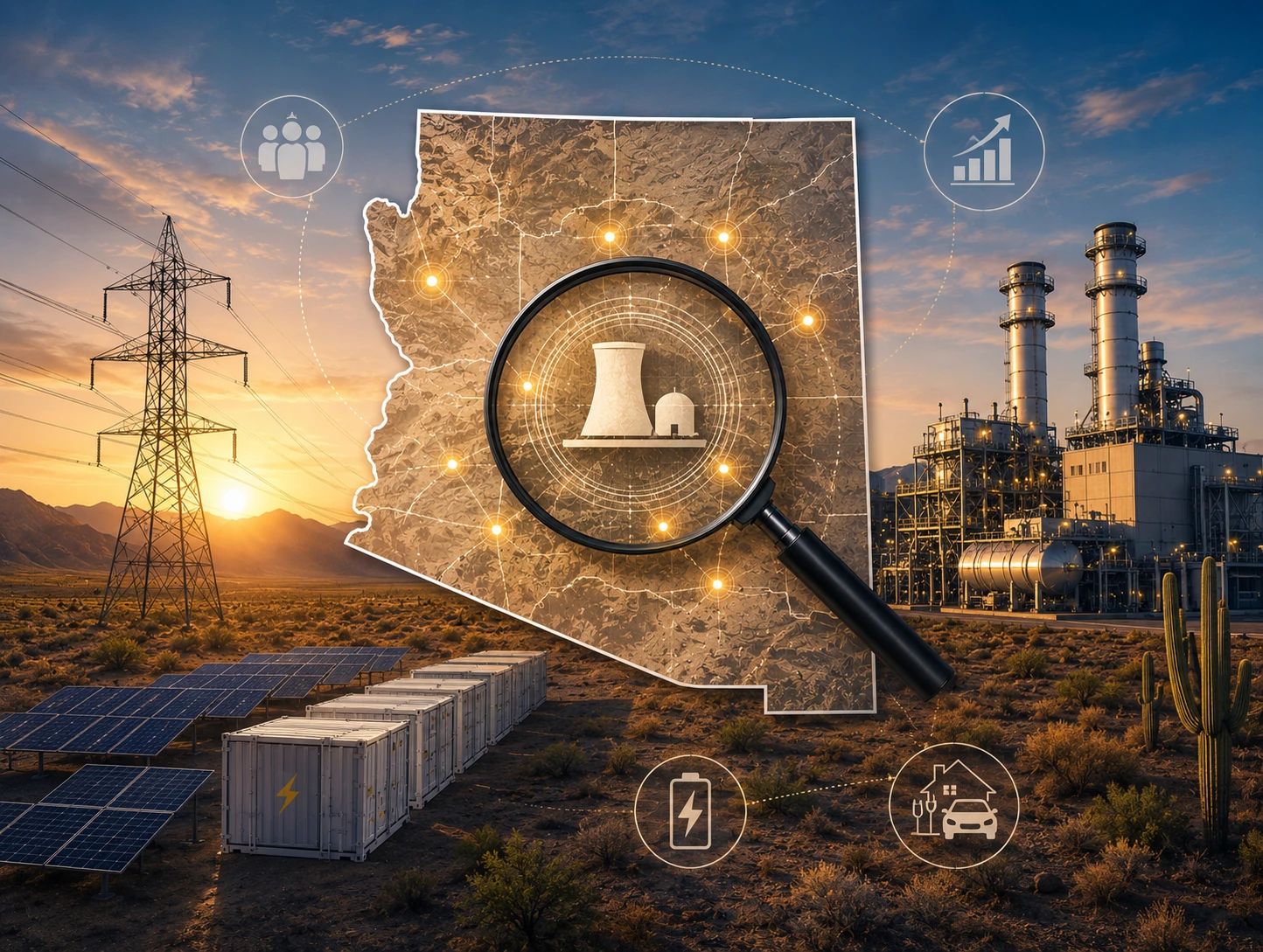 Illustration of the Arizona nuclear plant site search: a magnifying glass over a state map marked with candidate locations, framed by transmission lines, battery storage, solar panels, and a natural gas plant.