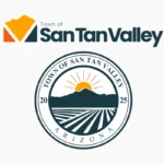 The selected San Tan Valley logo (top), featuring a stylized "V" shape and mountain silhouette, shown above its new official seal (bottom).