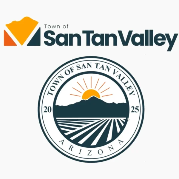 The selected San Tan Valley logo (top), featuring a stylized "V" shape and mountain silhouette, shown above its new official seal (bottom).