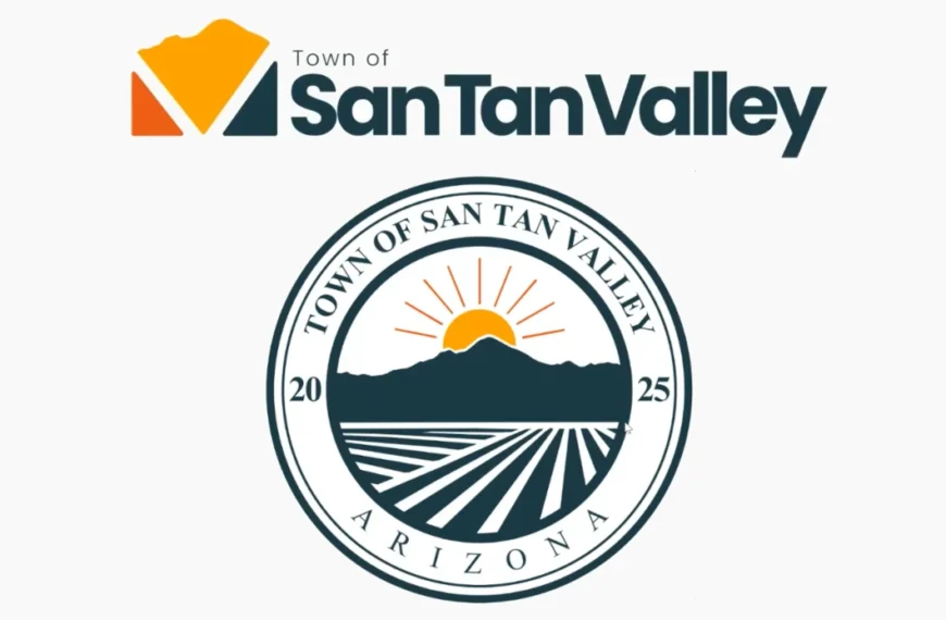 The selected San Tan Valley logo (top), featuring a stylized "V" shape and mountain silhouette, shown above its new official seal (bottom).