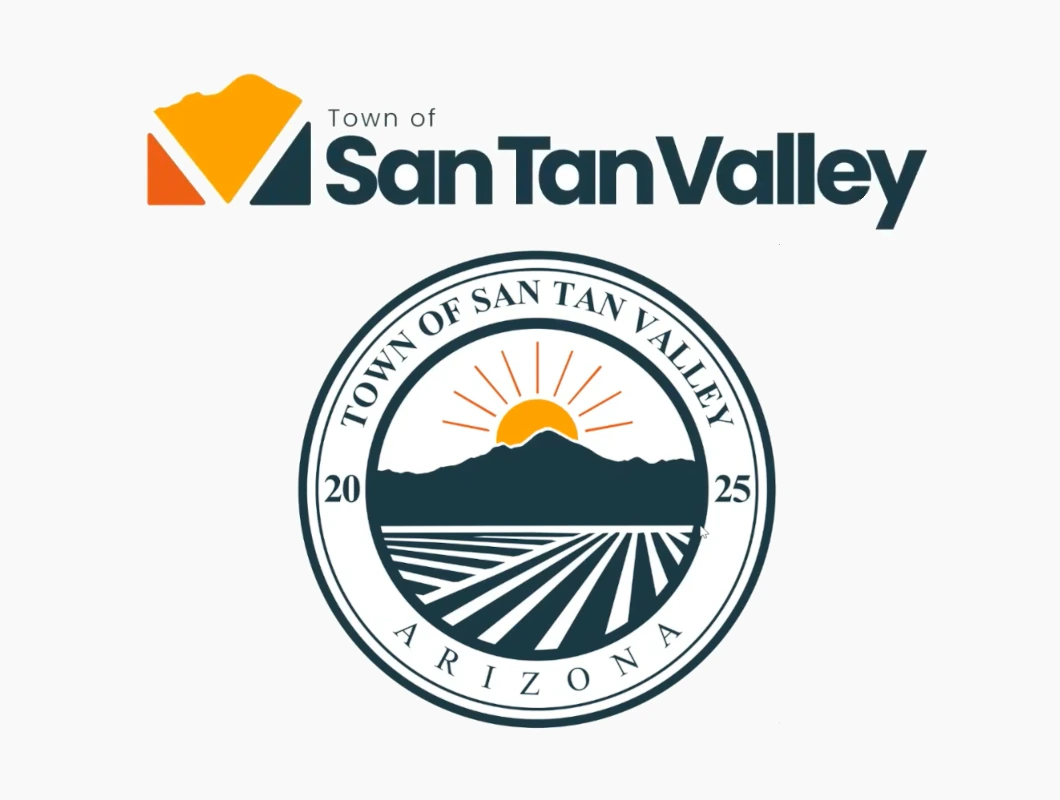 The selected San Tan Valley logo (top), featuring a stylized "V" shape and mountain silhouette, shown above its new official seal (bottom).