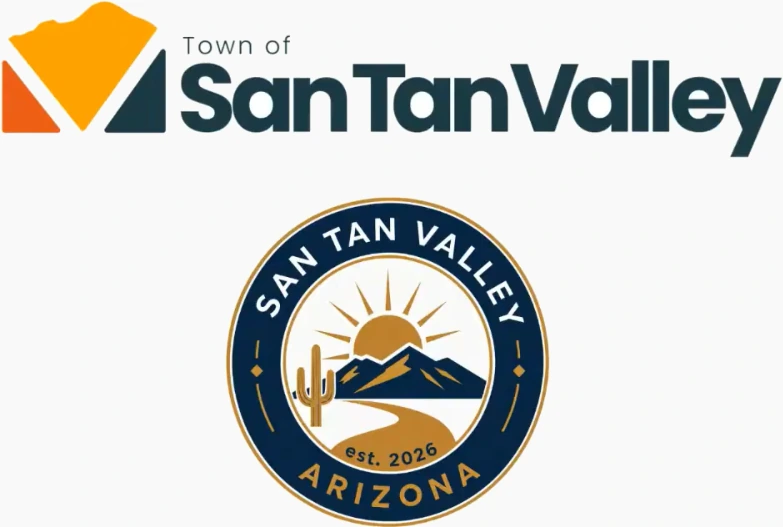 Vertical comparison of the two San Tan Valley logo finalists Package One the design with the V is on top Package Two is on the bottom