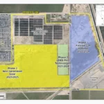 Aerial site map of SRP's Copper Crossing Energy and Research Center in northern Florence, color-coded for three development phases: Phase 1 flexible gas turbines in blue, Phase 2 next-generation solar in yellow, and Phase 3 long-duration energy storage pilots in green.