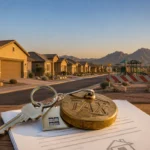 Key ring with a house-shaped keychain and a round token labeled “TAX” lying on paperwork in the foreground, with a new desert subdivision, mountains, and a playground behind a striped barrier in the background.