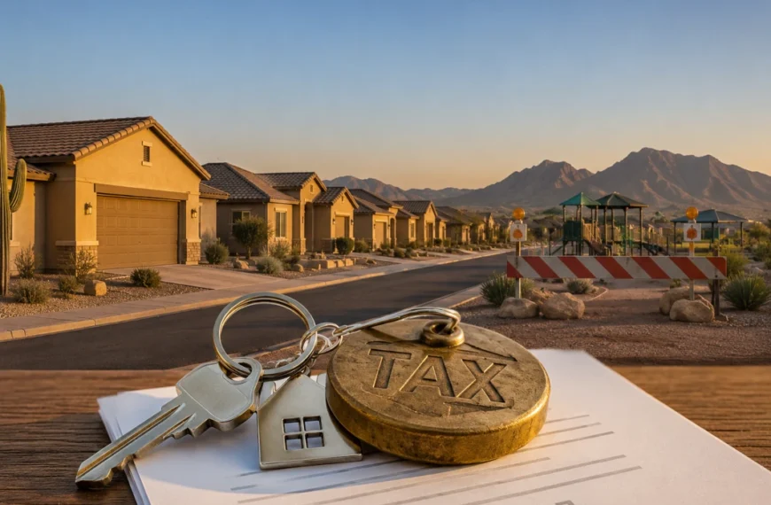 Key ring with a house-shaped keychain and a round token labeled “TAX” lying on paperwork in the foreground, with a new desert subdivision, mountains, and a playground behind a striped barrier in the background.