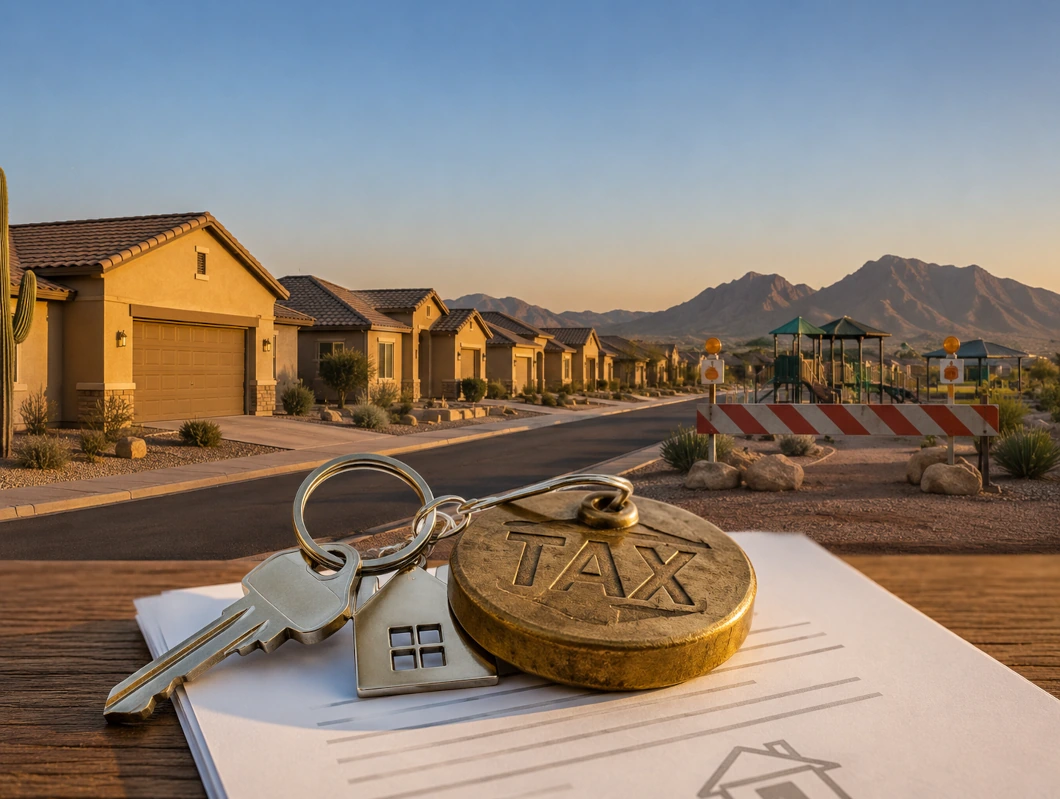 Key ring with a house-shaped keychain and a round token labeled “TAX” lying on paperwork in the foreground, with a new desert subdivision, mountains, and a playground behind a striped barrier in the background.