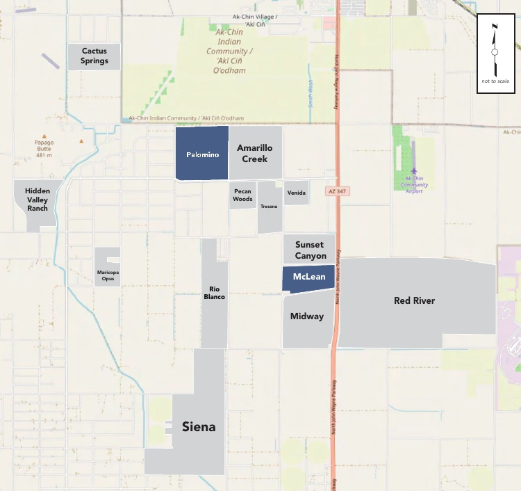 Vicinity map showing master planned communities south of the City of Maricopa with Palomino Ranch and McLean Ranch highlighted in blue near the Ak-Chin Indian Community