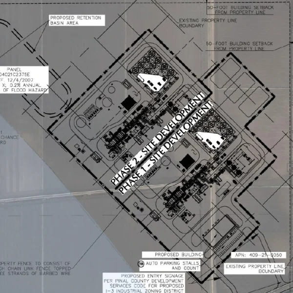 Engineering site plan of the Sunridge Power natural gas plant showing the Phase 1 and Phase 2 development areas, a proposed retention basin to the northwest, perimeter fencing, 50-foot building setbacks, parking, and entry signage along the southern property boundary