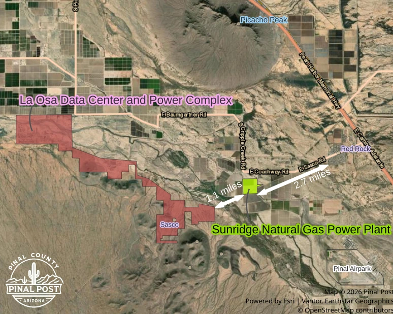Aerial map showing the Sunridge Power site in Pinal County with the El Paso Natural Gas pipeline approximately nine miles to the west and the APS Saguaro 230500 kV substation approximately five miles to the east near Interstate 10 The Red Rock community is visible to the upper right