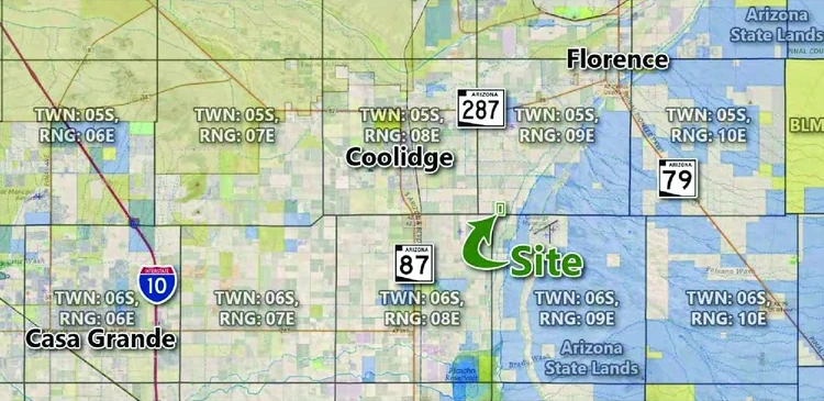 Regional map showing the Valley Farms Energy Center site southeast of Coolidge
