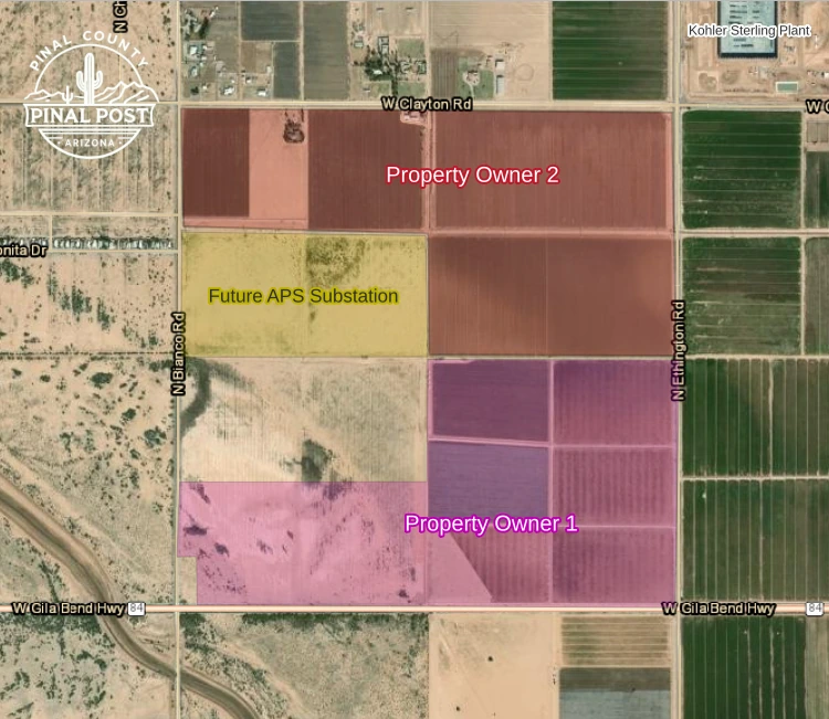 Close-up aerial map of the 480-acre proposed data center site bounded by North Bianco Road West Clayton Road North Ethington Road and West Gila Bend Highway Property Owner 2 red sits north of Property Owner 1 pink with a future APS substation parcel yellow between them along Bianco Road