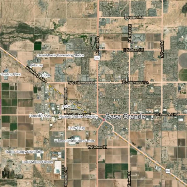 Aerial map of Casa Grande, Arizona, showing the proposed 480-acre data center site west of the city along Gila Bend Highway. Two adjacent parcels are labeled Property Owner 1 (purple) and Property Owner 2 (red), separated by a Future APS Substation site (yellow).