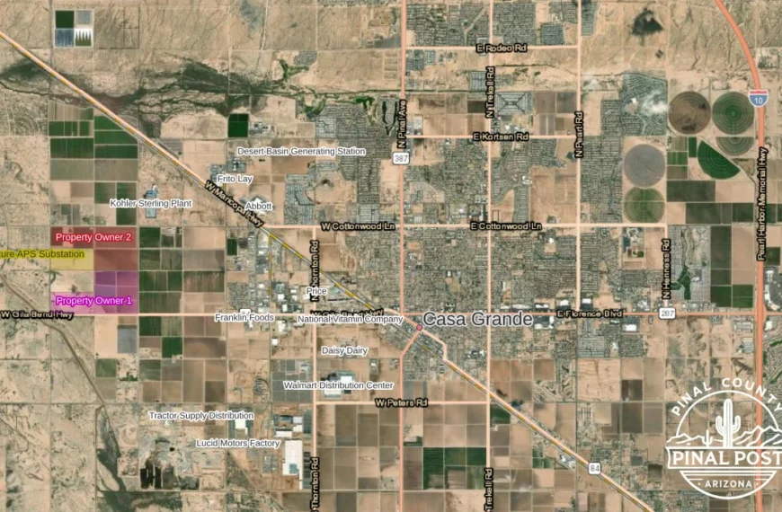 Aerial map of Casa Grande, Arizona, showing the proposed 480-acre data center site west of the city along Gila Bend Highway. Two adjacent parcels are labeled Property Owner 1 (purple) and Property Owner 2 (red), separated by a Future APS Substation site (yellow).