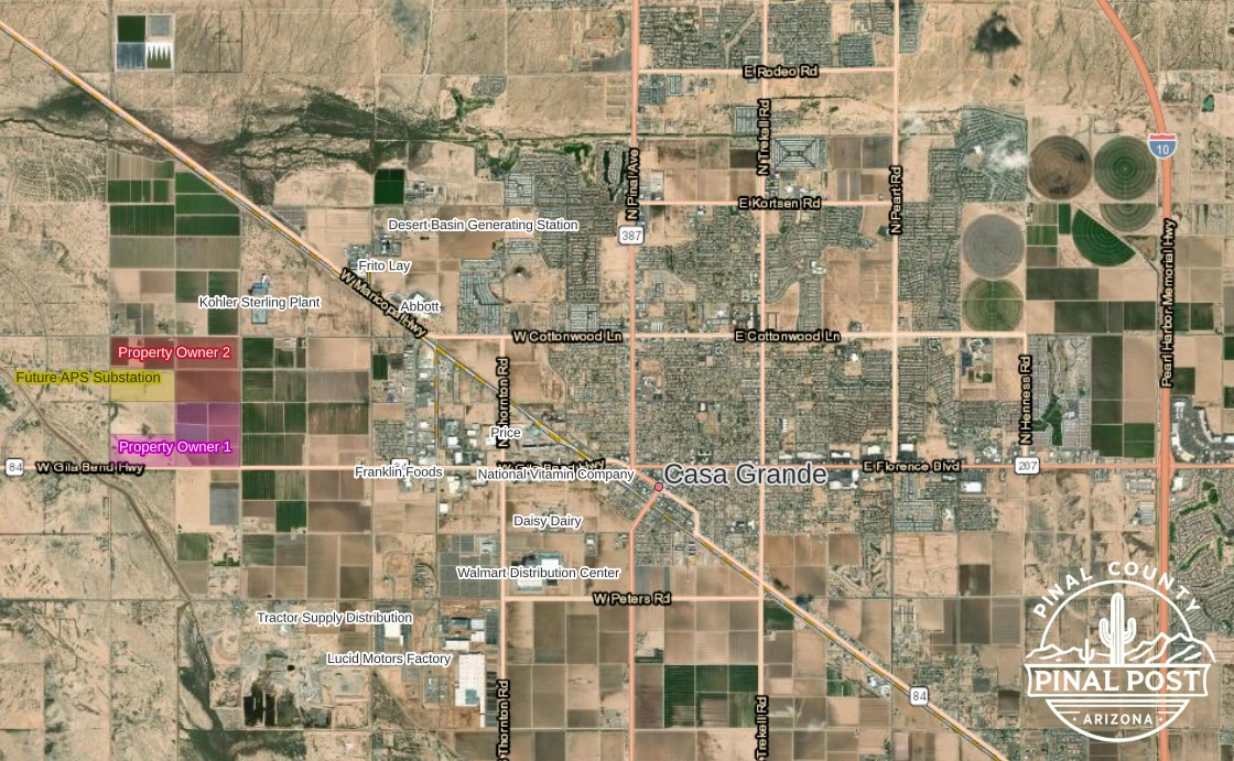 Aerial map of Casa Grande, Arizona, showing the proposed 480-acre data center site west of the city along Gila Bend Highway. Two adjacent parcels are labeled Property Owner 1 (purple) and Property Owner 2 (red), separated by a Future APS Substation site (yellow).