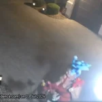 Overhead nighttime surveillance image of a residential driveway with landscape lighting, showing a person near the bottom of the frame carrying blue and red yard decorations