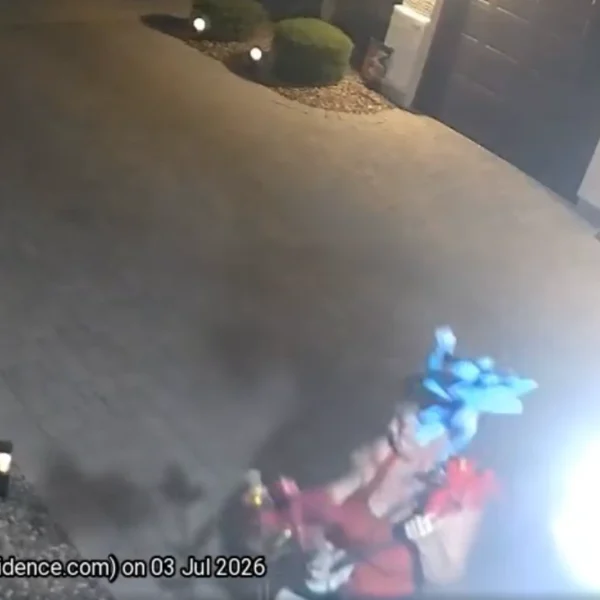 Overhead nighttime surveillance image of a residential driveway with landscape lighting, showing a person near the bottom of the frame carrying blue and red yard decorations