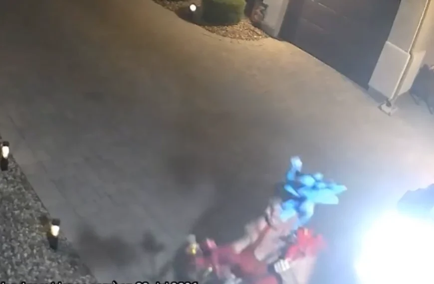 Overhead nighttime surveillance image of a residential driveway with landscape lighting, showing a person near the bottom of the frame carrying blue and red yard decorations