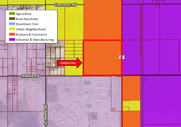 Land-use map showing the 160-acre subject site between Hanna Road and Cornman Road adjacent to existing Industrial  Manufacturing parcels