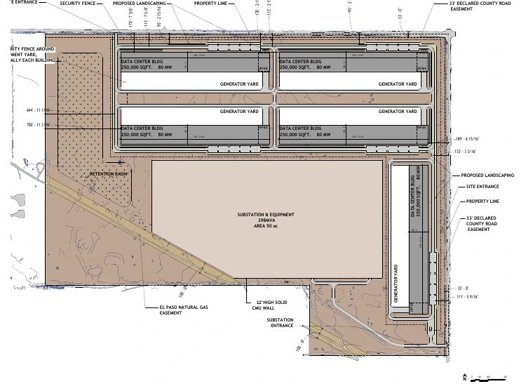 Conceptual site plan for the Project Midway data center campus showing five data center buildings with adjacent backup generator yards arranged around a central 50-acre substation and equipment area with a retention basin along the western edge of the 2158-acre site