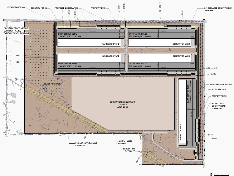 Conceptual site plan for Project Midway showing five 250000-square-foot data center buildings each labeled 80 megawatts and flanked by a fenced generator yard arranged on the northern and eastern portions of the 215-acre parcel around a central 50-acre substation and equipment area enclosed by a 12-foot solid masonry wall A retention basin sits on the western portion the El Paso Natural Gas easement crosses the southwest corner diagonally and dimension lines show about 700 feet of separation to the western property line
