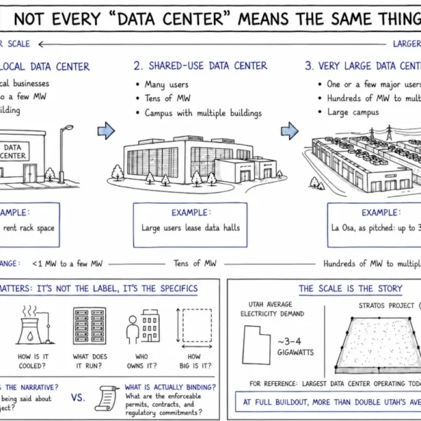 Infographic explaining that data centers vary widely in scale, from small local facilities to shared-use data centers and very large campuses, with power demand ranging from under 1 megawatt to multiple gigawatts.