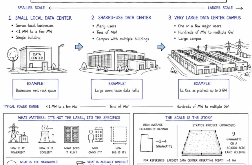 Infographic explaining that data centers vary widely in scale, from small local facilities to shared-use data centers and very large campuses, with power demand ranging from under 1 megawatt to multiple gigawatts.