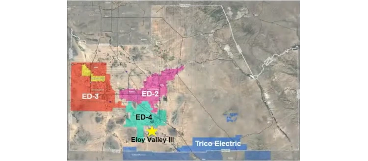 Map of Pinal County-area utility service territories showing Electrical Districts 2 3 and 4 and Trico Electric Cooperative with the Eloy Valley III site marked by a star among them