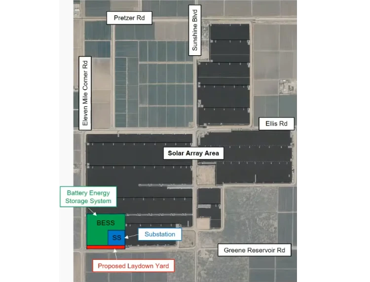Preliminary site plan for Eloy Valley Energy Center III showing solar array areas a battery energy storage system substation and laydown yard south of Eloy Arizona