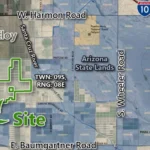 Map showing the Eloy Valley Energy Center III site outlined in green south of Eloy, Arizona, near the Santa Cruz River and southwest of Interstate 10.