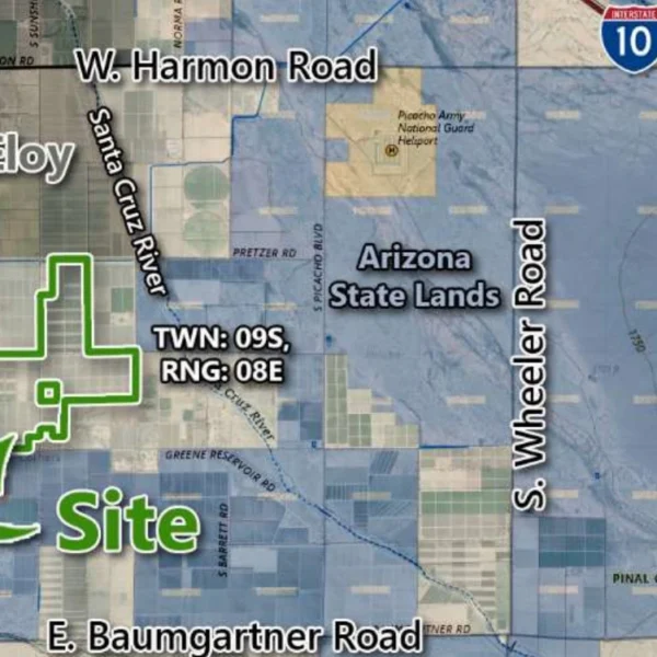 Map showing the Eloy Valley Energy Center III site outlined in green south of Eloy, Arizona, near the Santa Cruz River and southwest of Interstate 10.